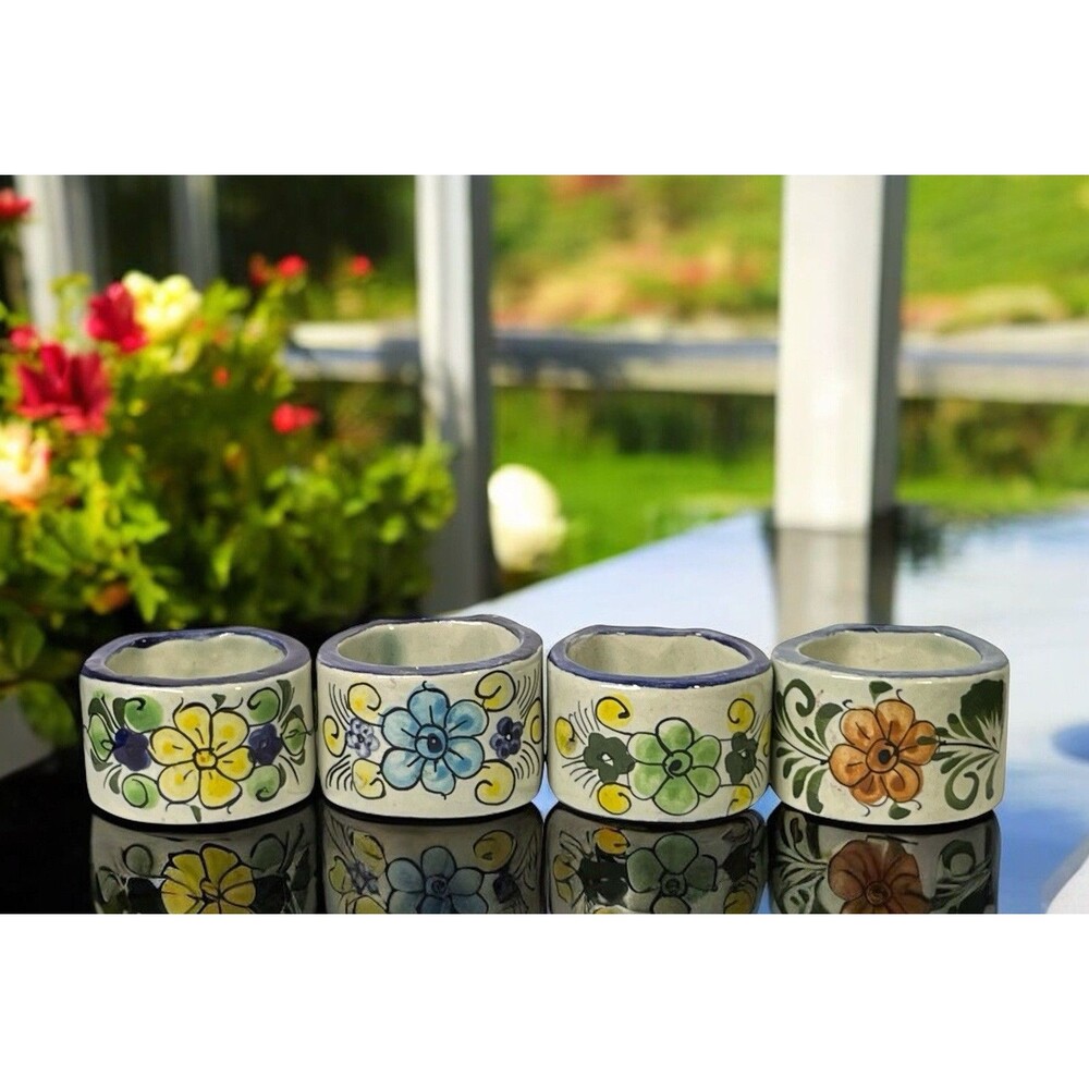 Set of 4 Napkin Rings Mexican Tonala Pottery Ken Edwards Floral Flowers
